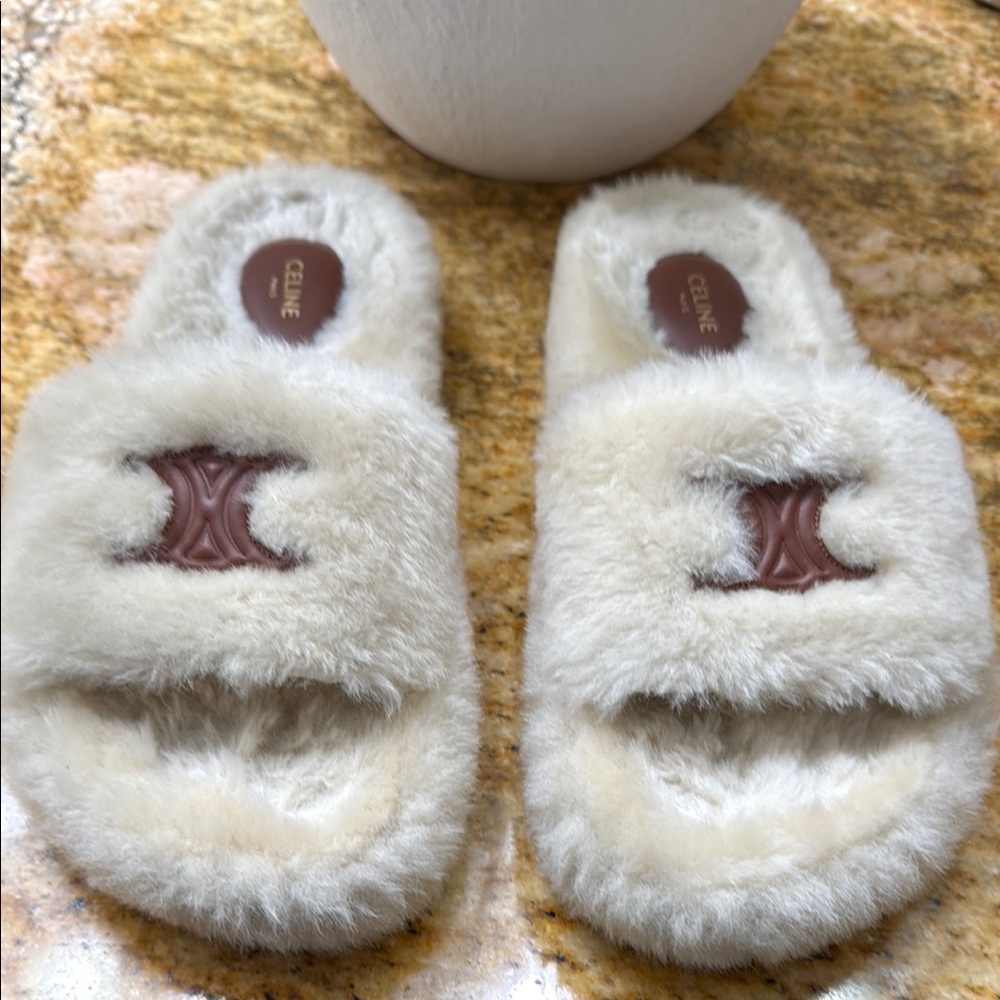Celine Cream Furry Slides